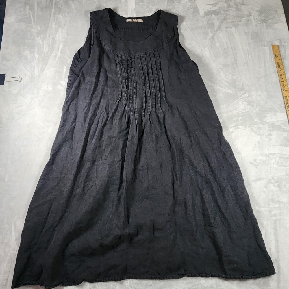 FLAX Black 100% Linen Short Dress Tunic Lagenlook Minimalist Earthy Boho Size L